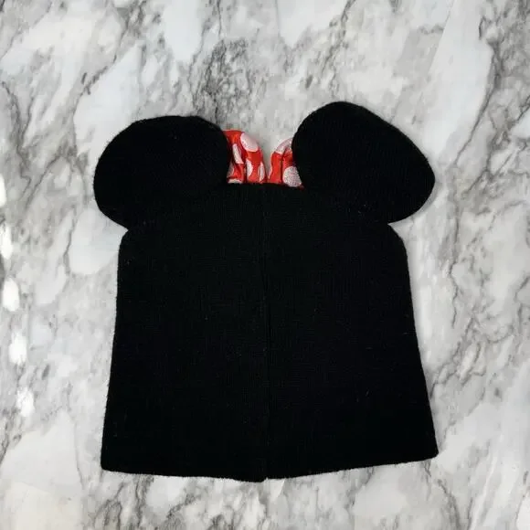 Disney Minnie Mouse Sparkle Red Bow Ears Beanie Black Winter Hat Kids One Size - Picture 2 of 8